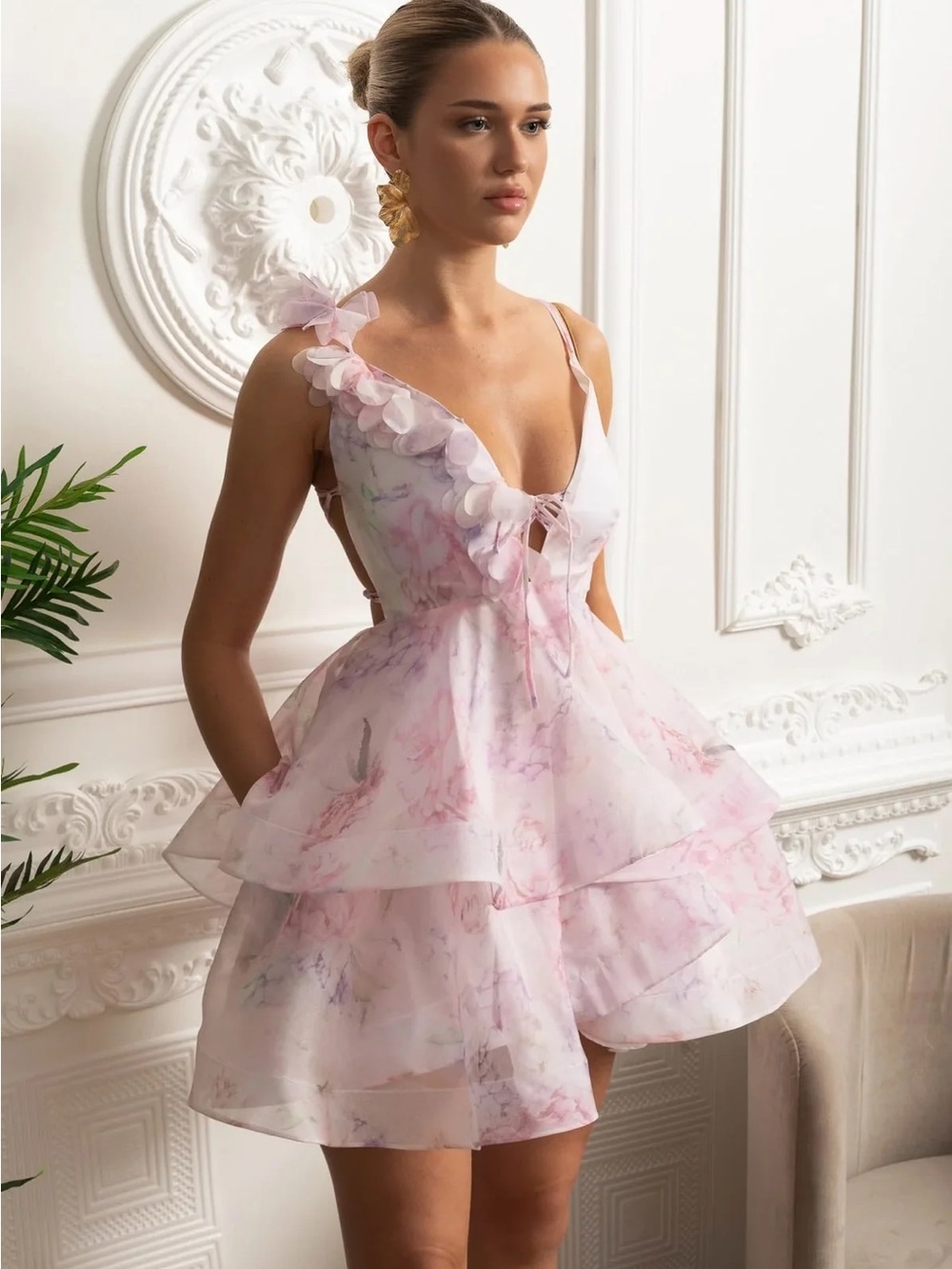 AORGANZA ASYMMETRIC MINI DRESS WITH FLORAL APPLIQUÉ AND TIERED RUFFLE SKIRT